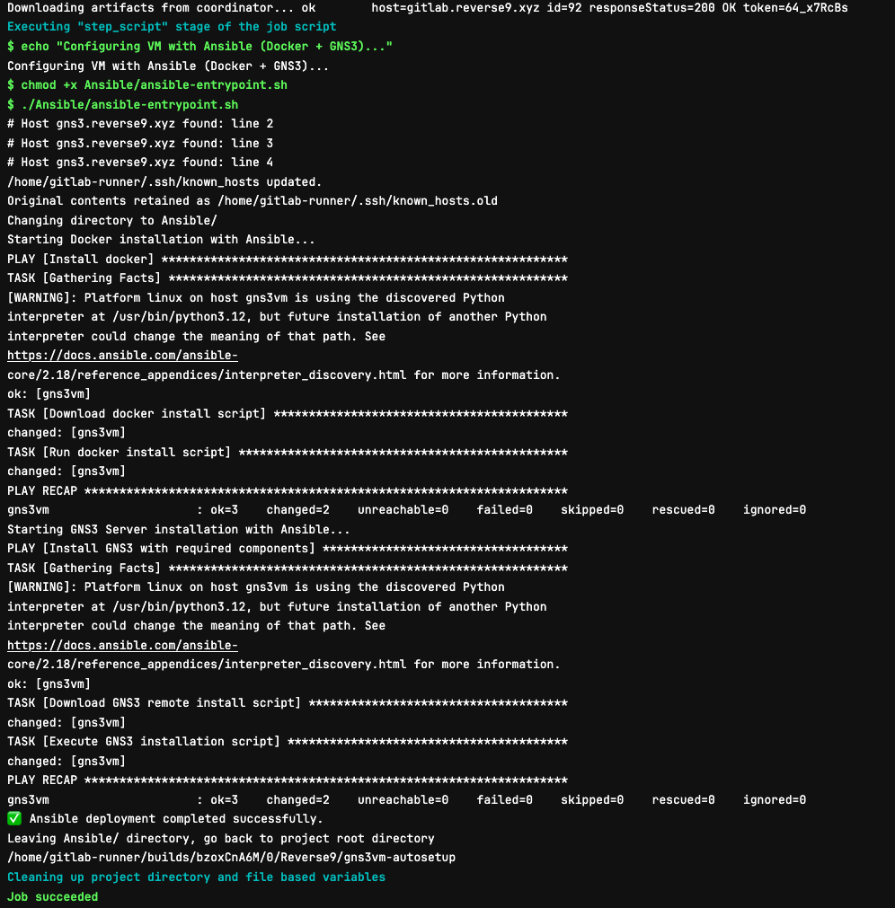 Capture d'écran du playbook Ansible installant GNS3 server, le support IOU et les dépendances